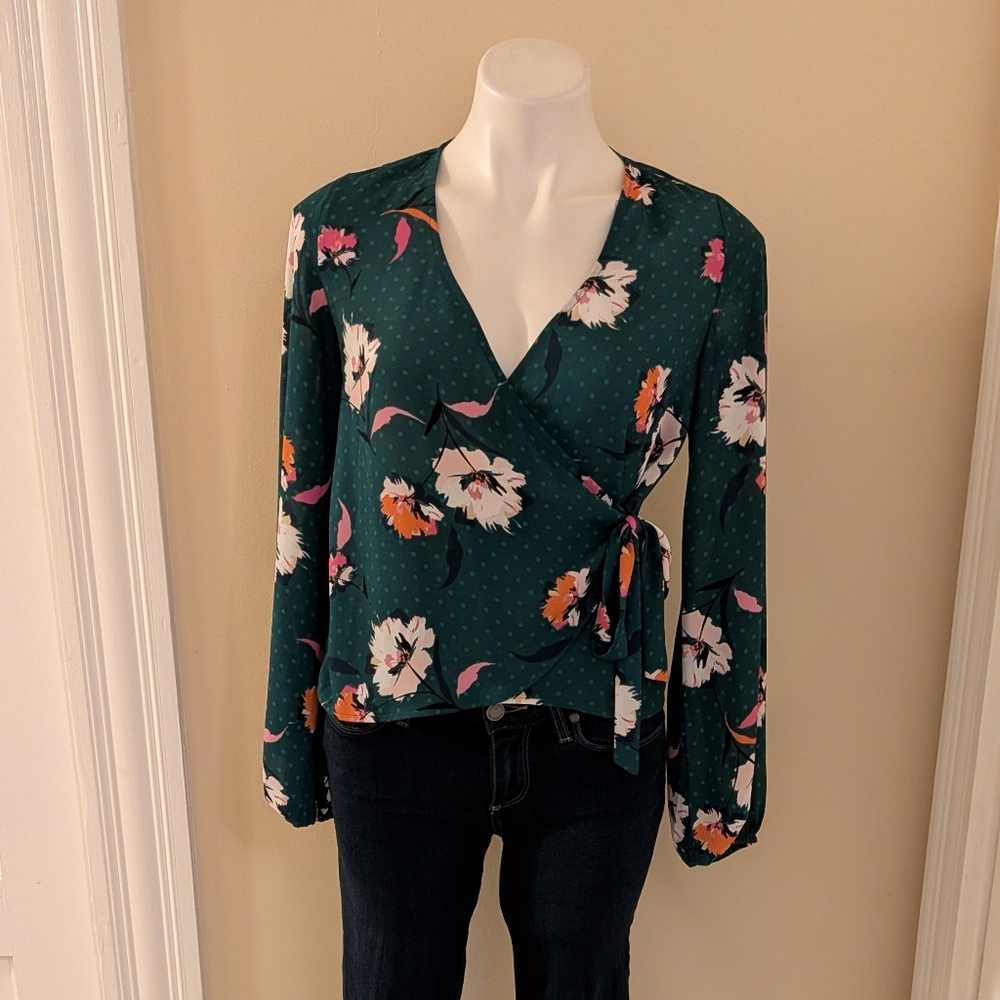 Express green polka dot and floral faux wrap top size XS